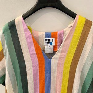 Anthropologie WHIT TWO Rainbow Stripe Short Sleeve Linen Midi Dress Medium